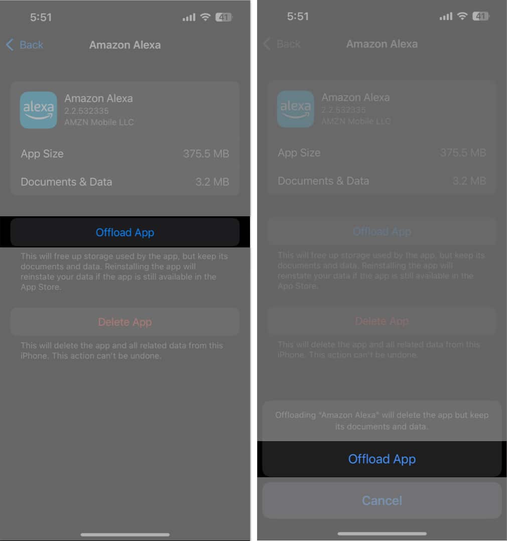 Tap Offload app offload app in the settings app