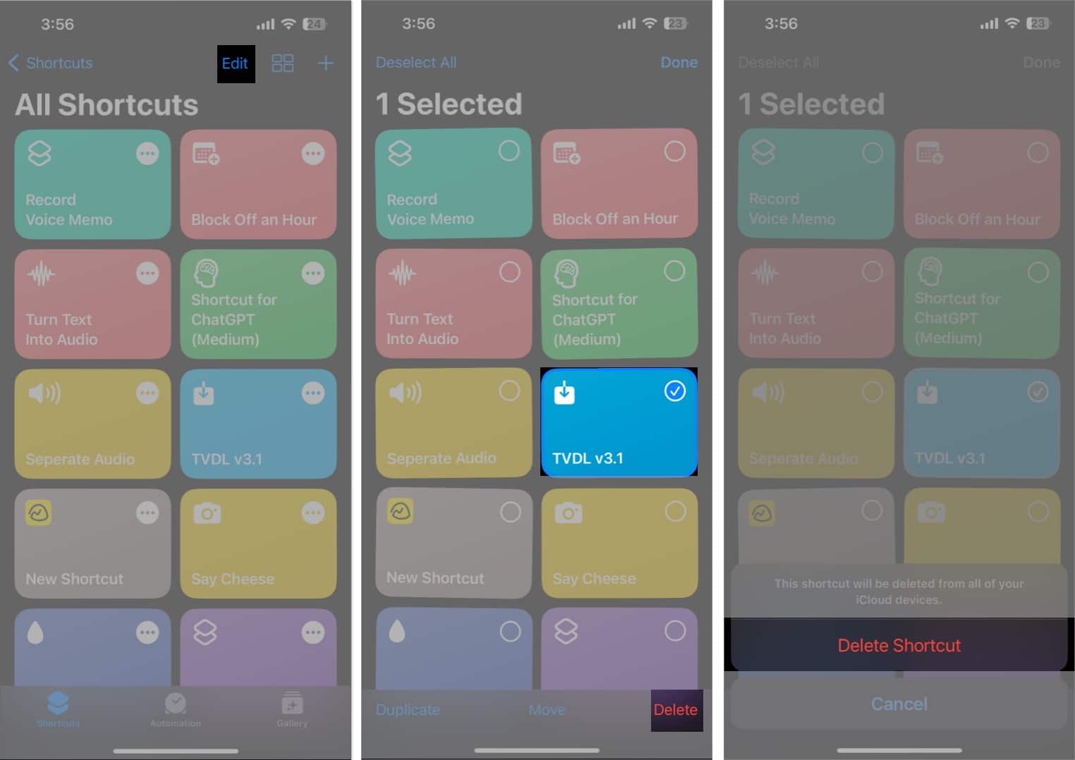 Tap edit select a shortcut and press delete tap delete shortcut in the shortcuts app