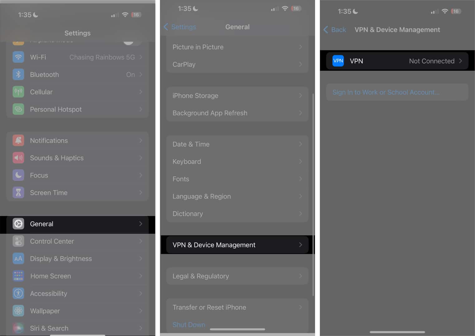 Tap general vpn and device management toggle off VPN in Settings