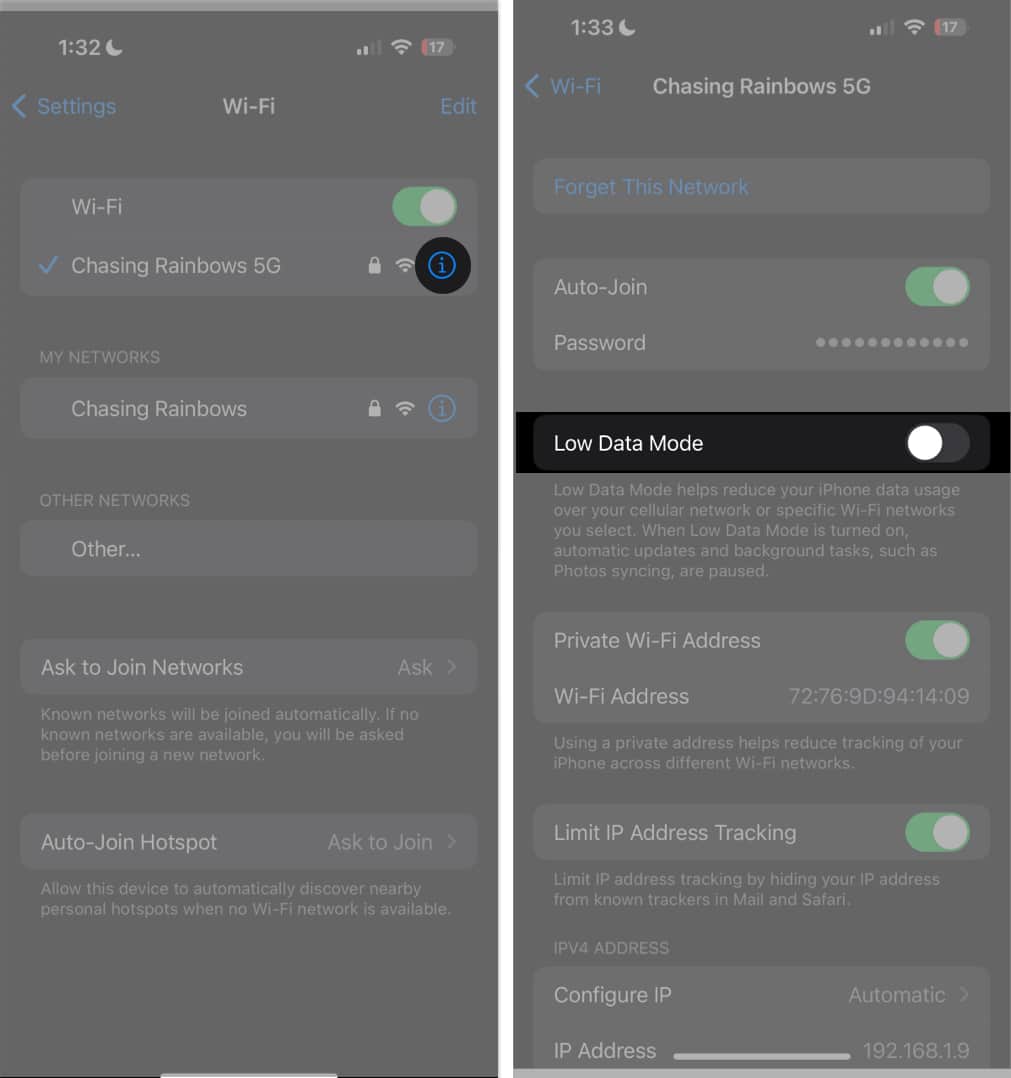 Tap info icon toggle off low data mode in wi fi settings