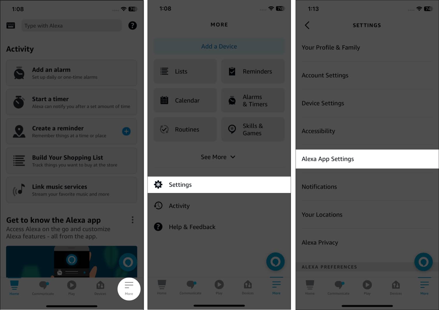 Tap more settings alexa app settings in the Alexa app