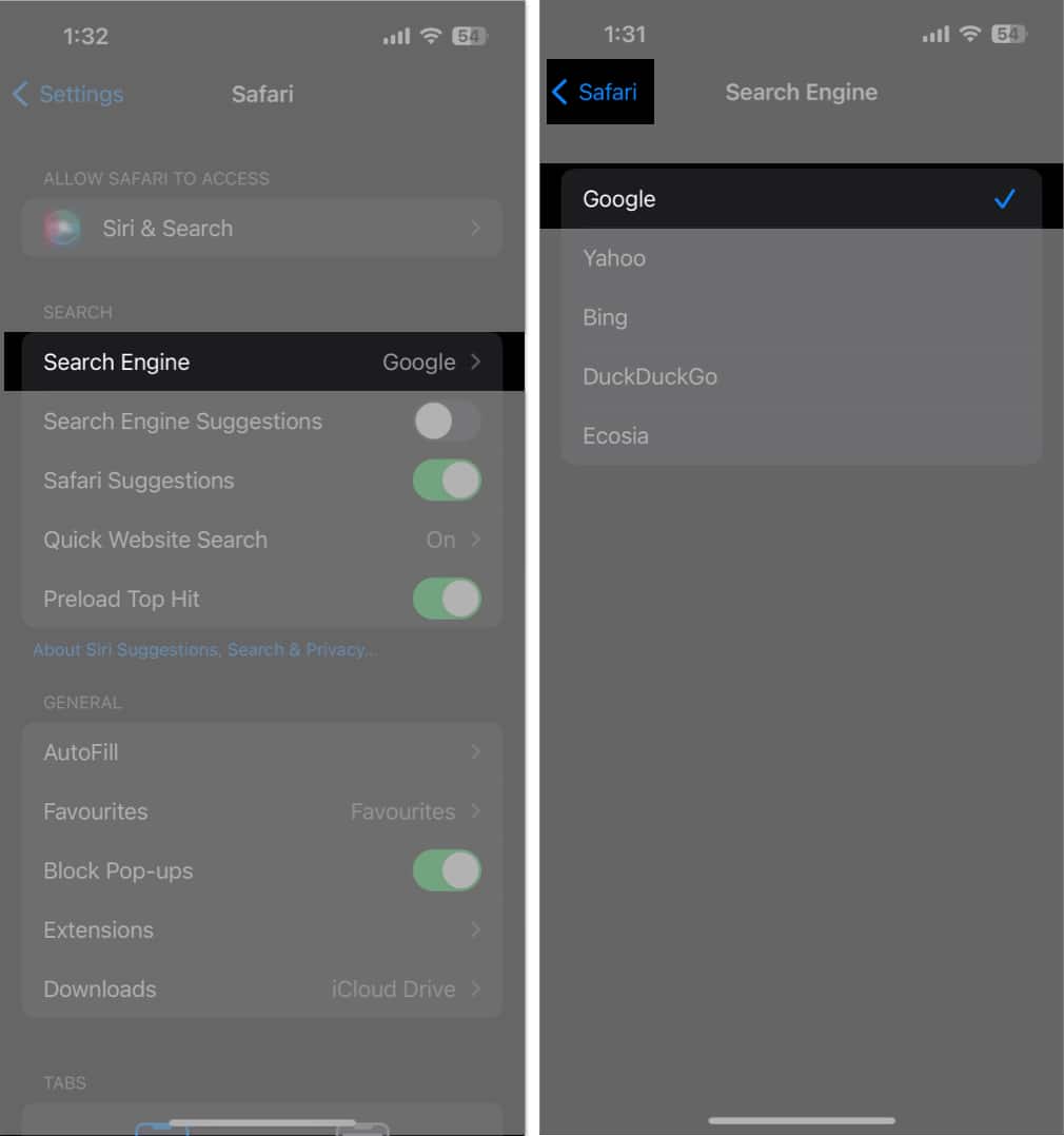 Tap search engine select google and head back in the settings app