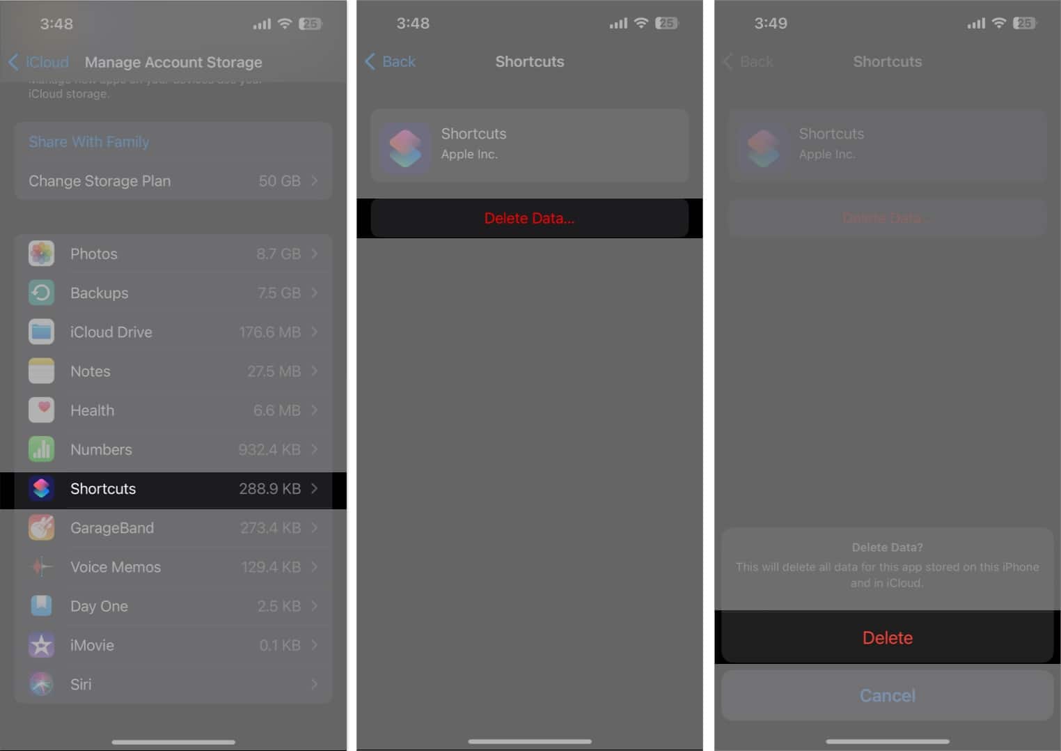 Tap shortcuts delete data and delete in the settings app 1