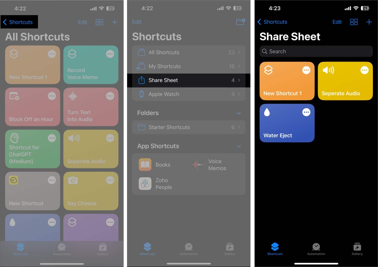 Tap shortcuts sharesheet in the shortcuts app
