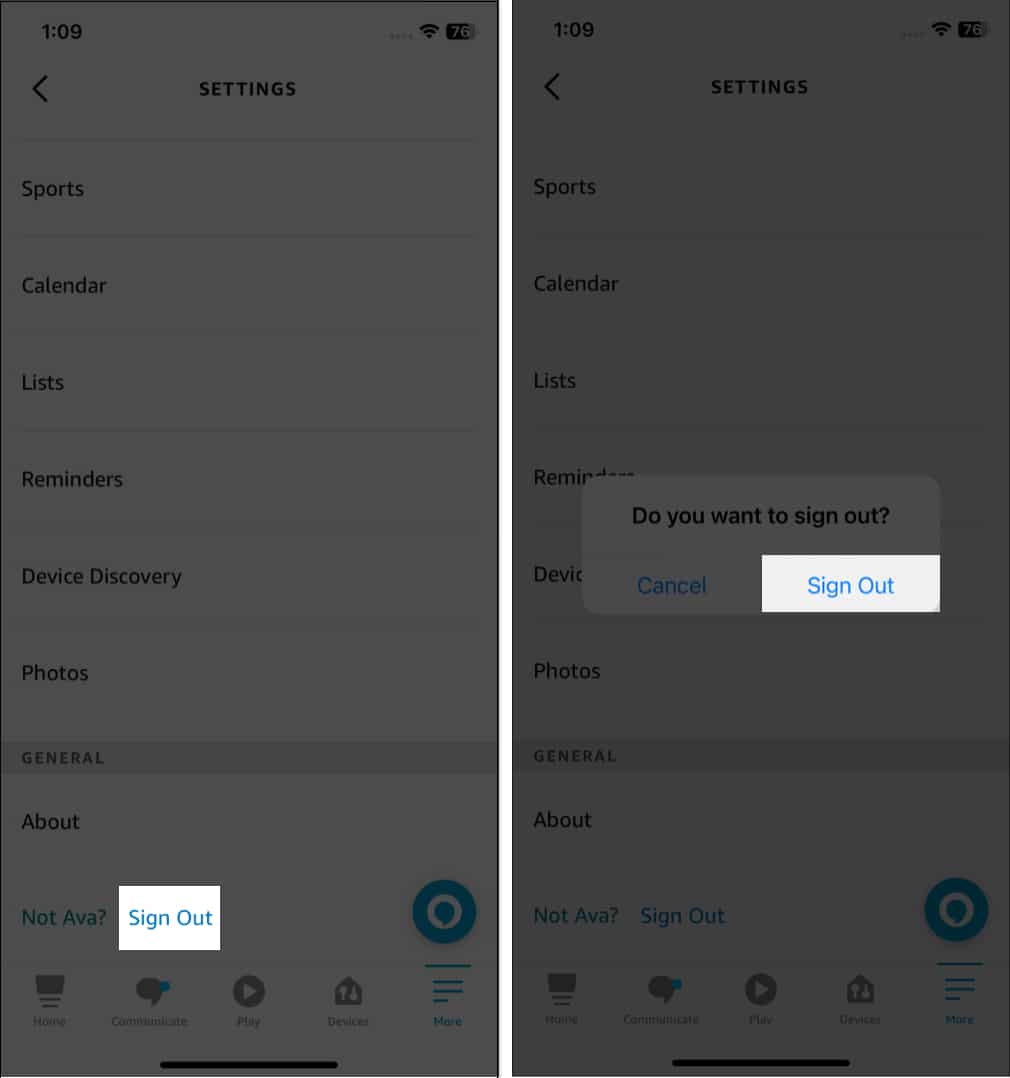 Tap sign out sign out when prompted in alexa app