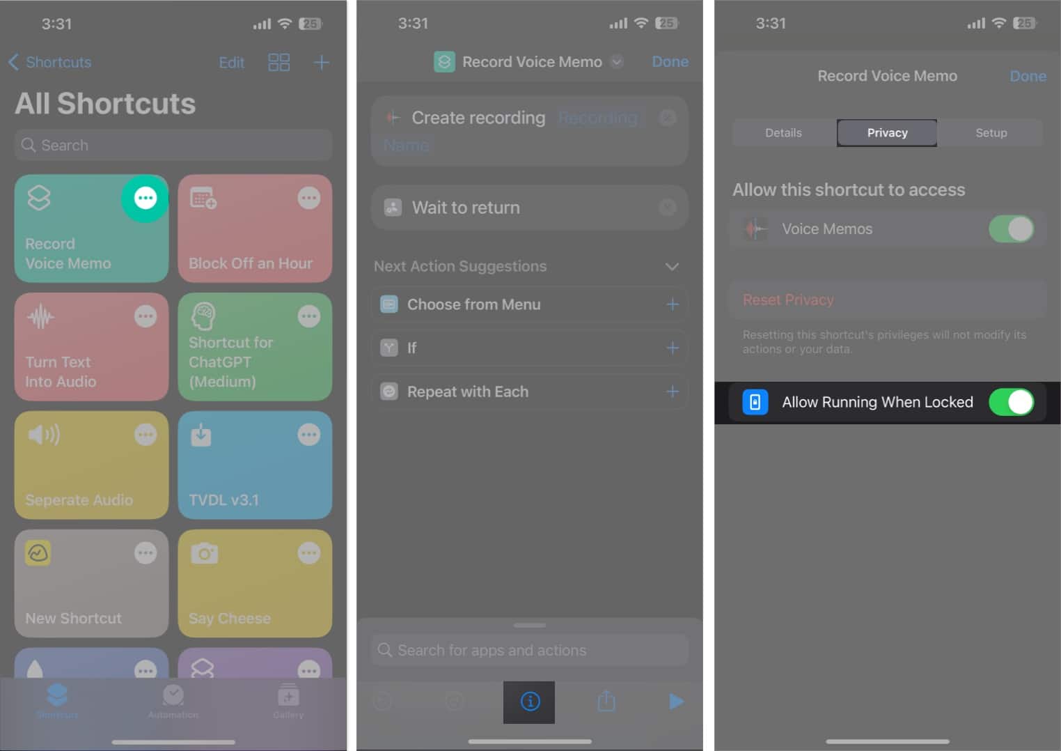 Tap the three dot icon info button privacy and allow running when locked in shortcut app