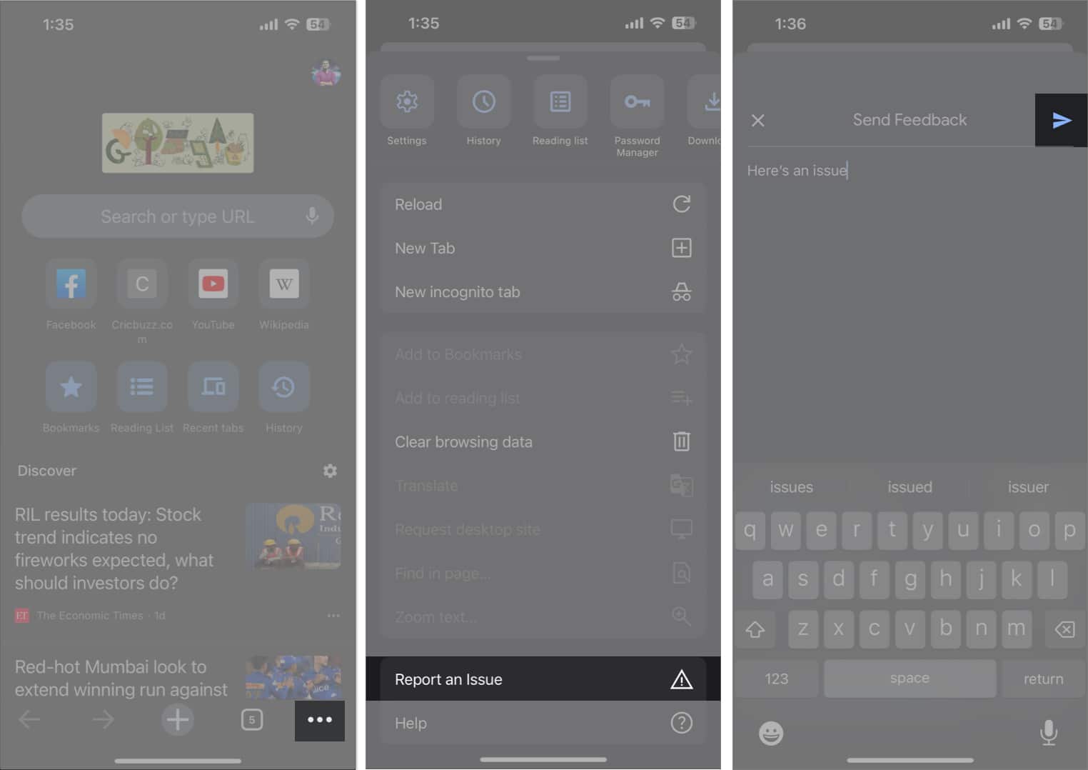 Tap the three dot icon report an issue send feedback in google chrome