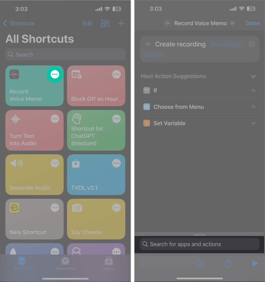 Tap the three dot icon search for apps and action in the shortcut app