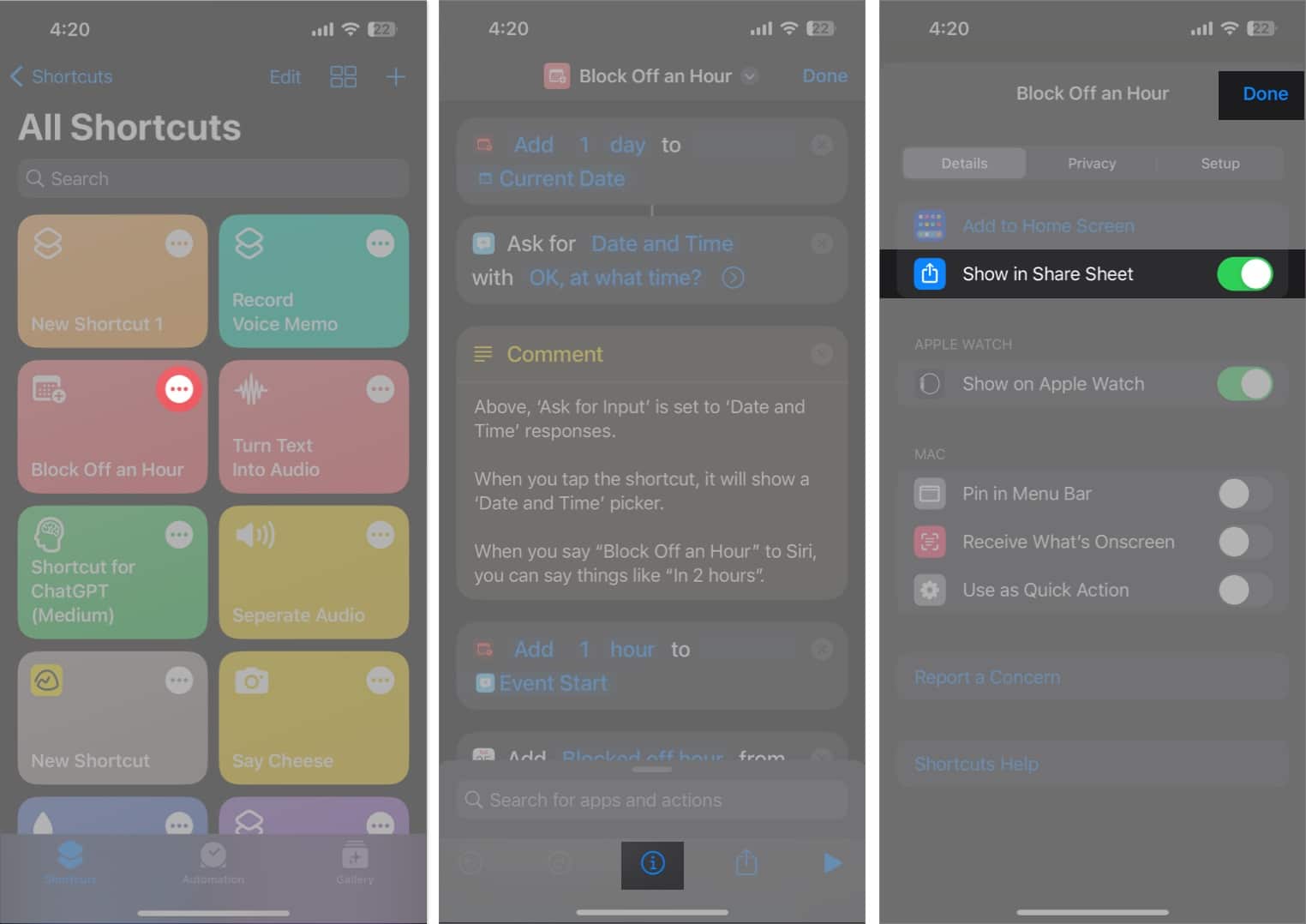 Tap the three dot icon the info button enable show in share sheet and done in the shortcuts app