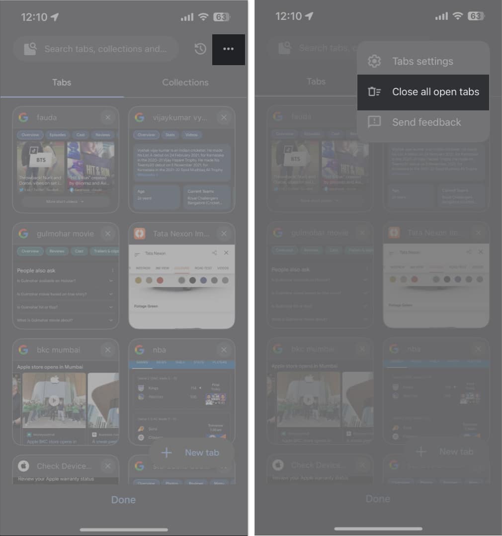 Tap three dot icons close all open tabs in google chrome