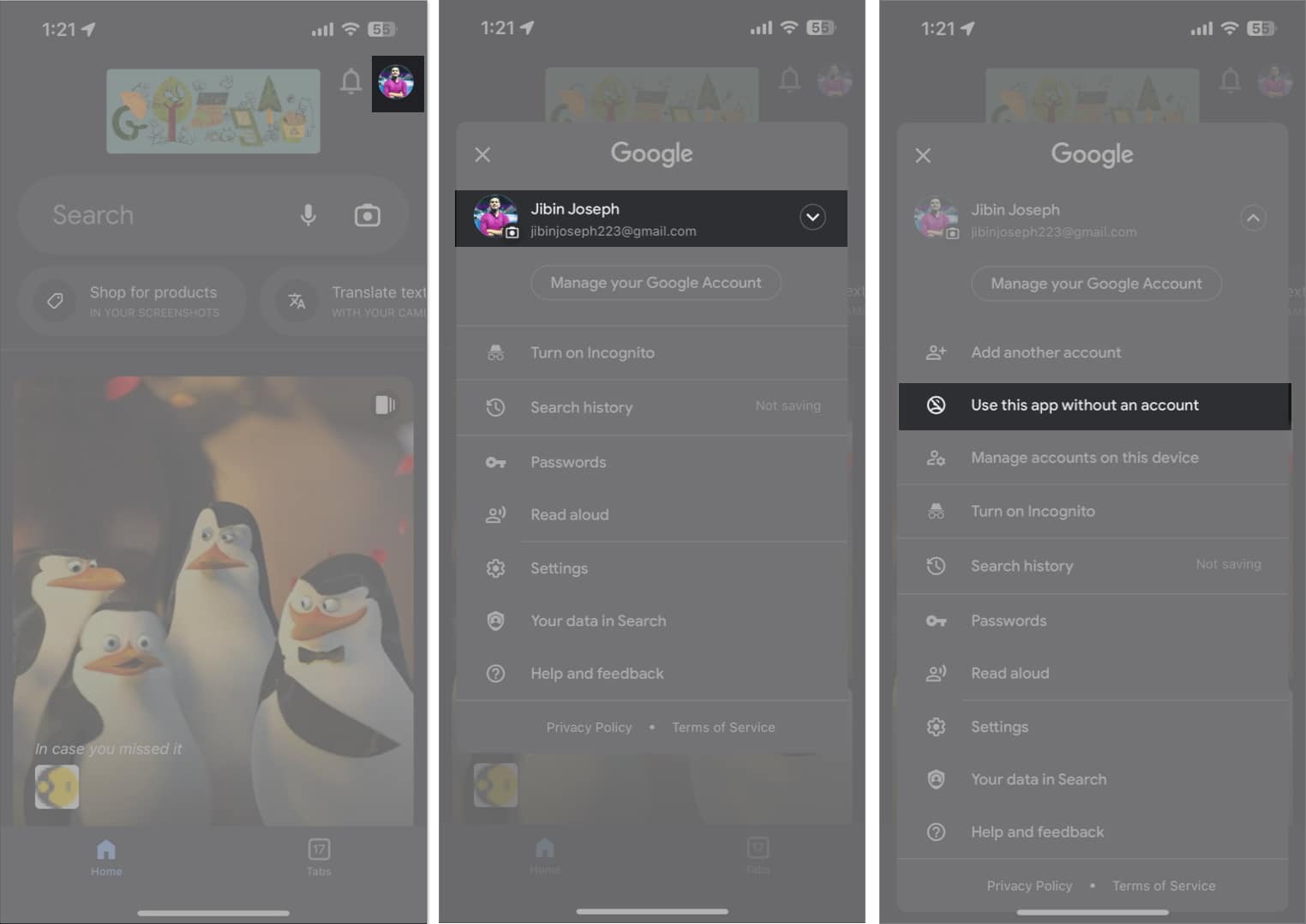 Tap your profile access your account use this app without an account in google chrome