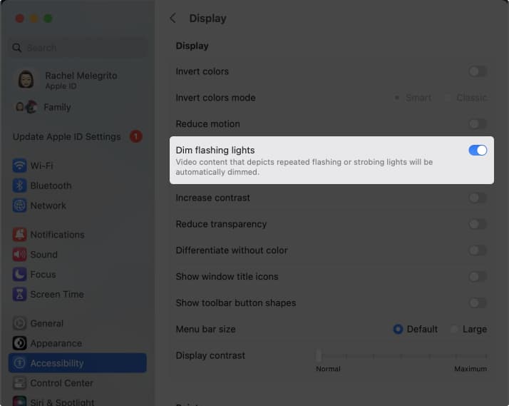 Toggle on Dim flashing lights from Mac's Settings