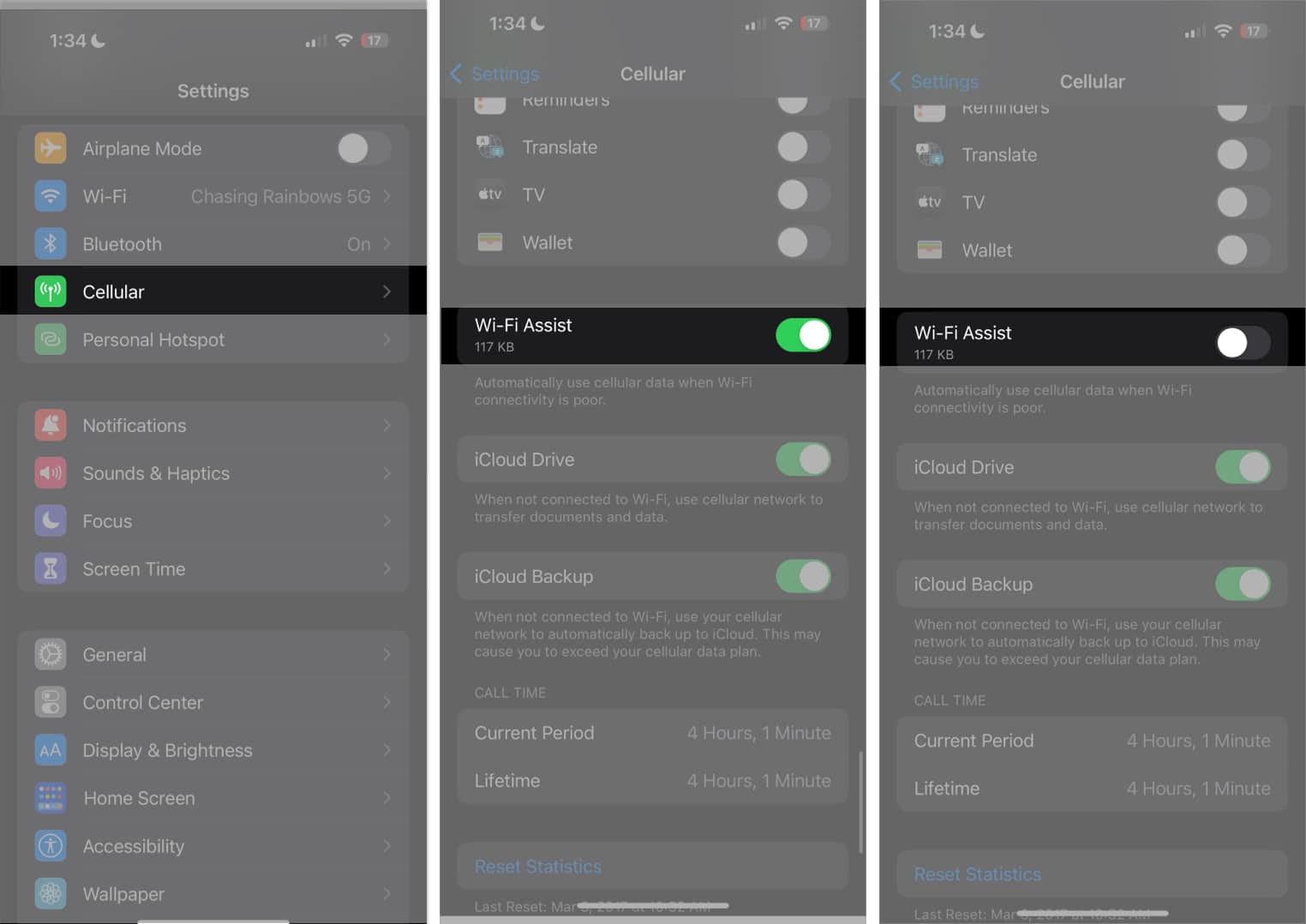 tap cellular toggle of wi fi assist in settings