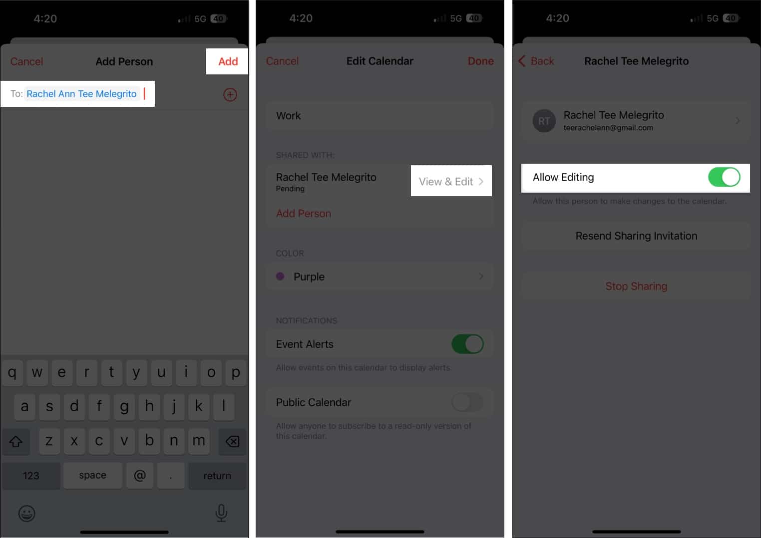 Add the person tap add check permissions toggle on allow editing in calendars app