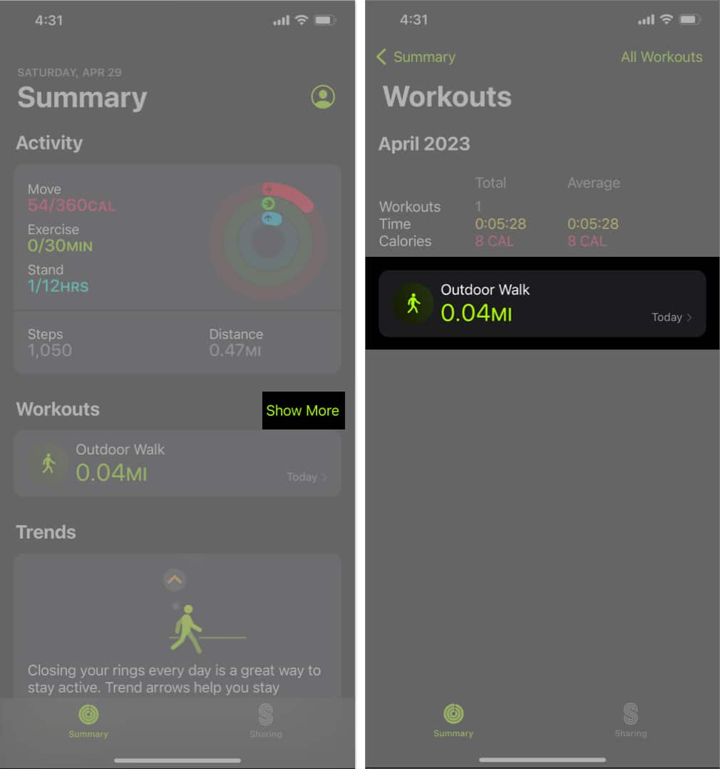 Choose Show More select a workout