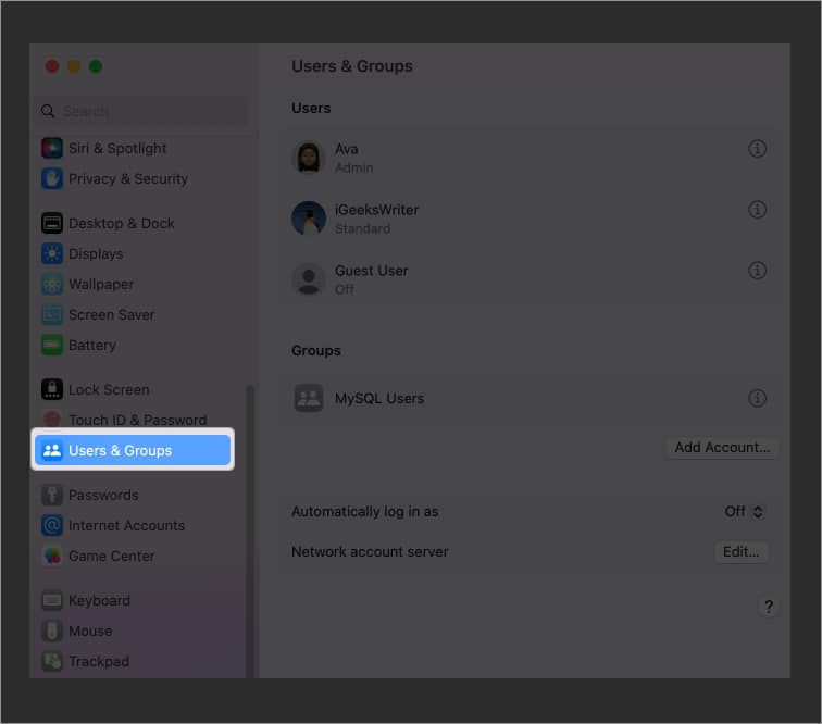 Choose Users  Groups from the sidebar