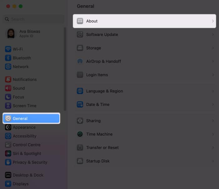 Click General About on Mac
