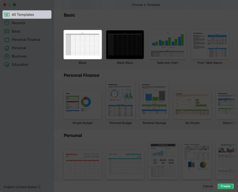 Click all templates tap create or select a blank template in numbers app