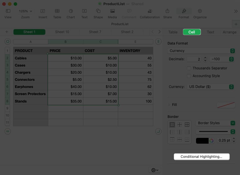 Click cell conditional highlight in numbers