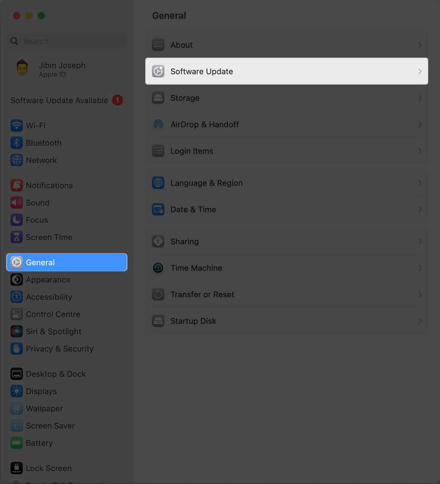 Click general software update in system settings
