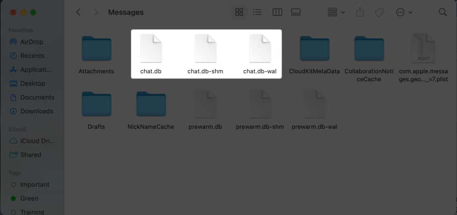 Delete files in the following Messages folders  chatdb wal chatdb and chatdb shm