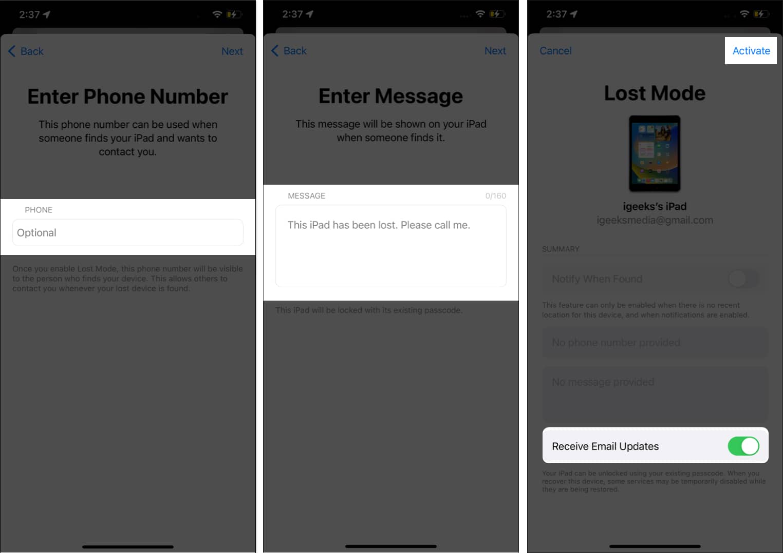Enter Phone number and Message toggle on Receive Email Updates and choose Activate