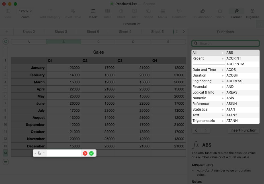 Enter = in cell and select a function in numbers