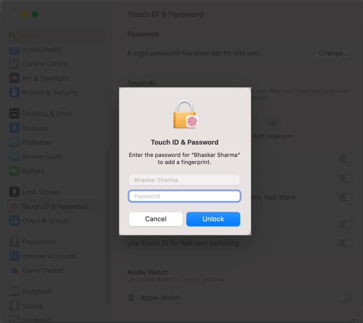 Enter your Macs password and hit Unlock