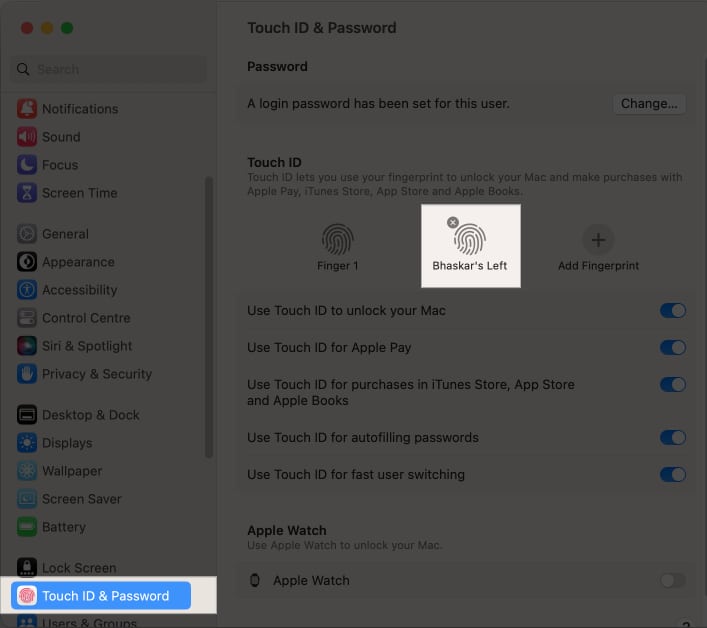 Go to Touch ID Password and hover over the finger name you wish to delete