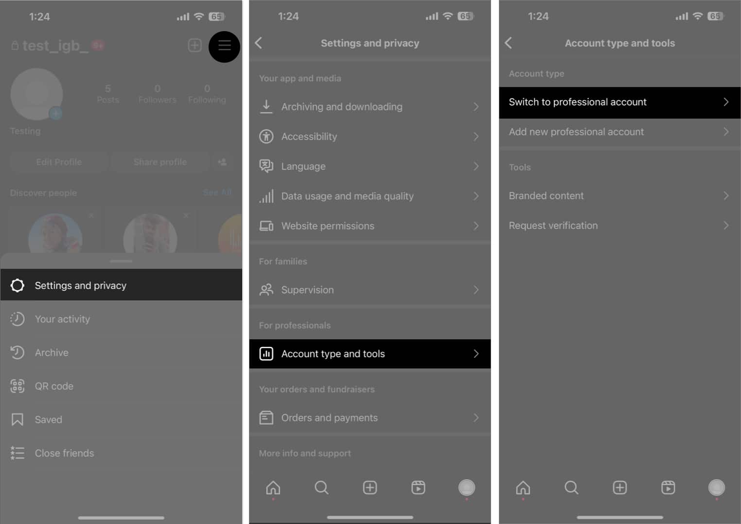 Go to settings and privacy account type and tools professional accounts in instagram