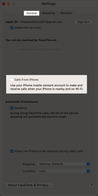 Head to General tab uncheck the box next to Call From iPhone
