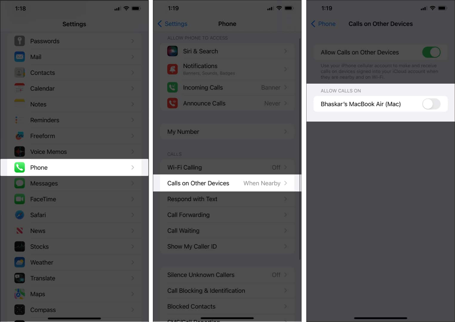 Launch Settings app select Phone tap Calls on Other Devices toggle off the button next to your Macs name