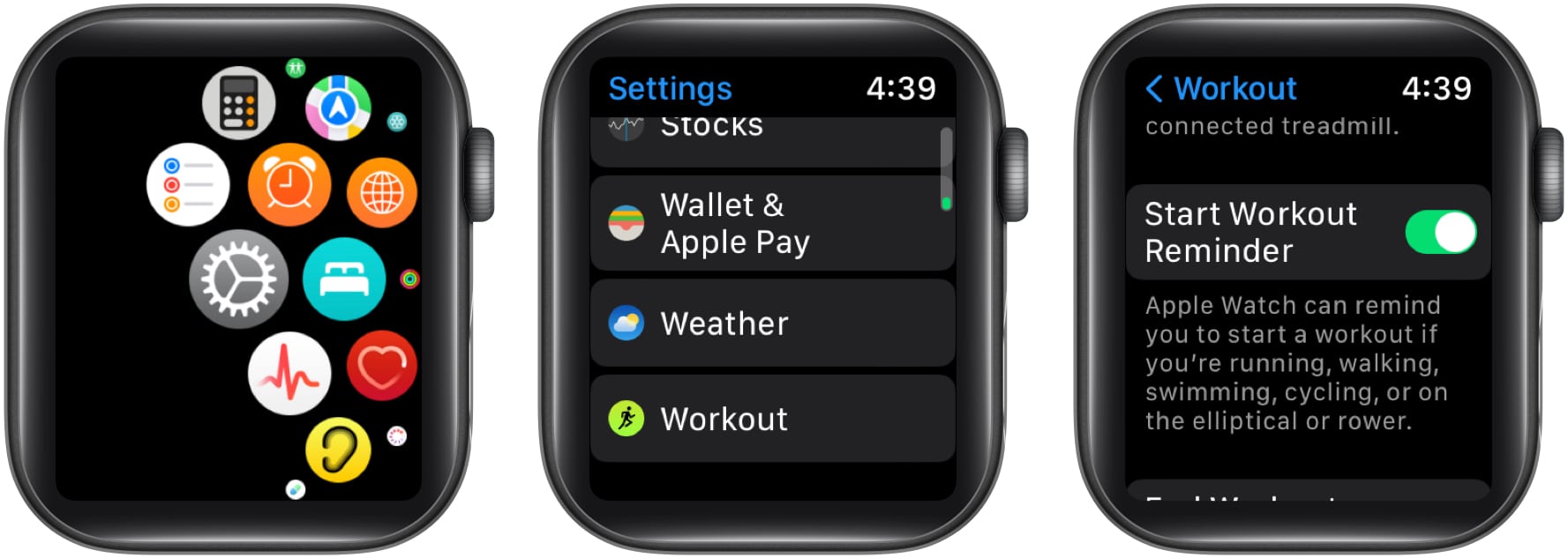 Launch Settings app → select Workout → toggle on Start Workout Reminder