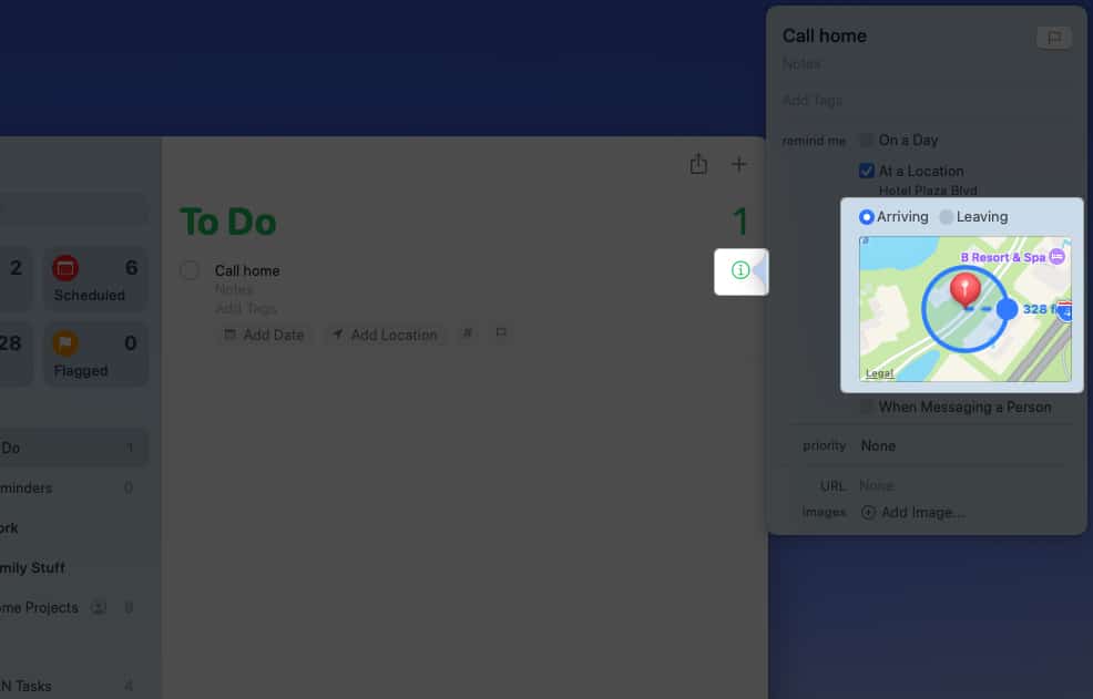 Mark either Arriving or Leaving in Mac Reminders app