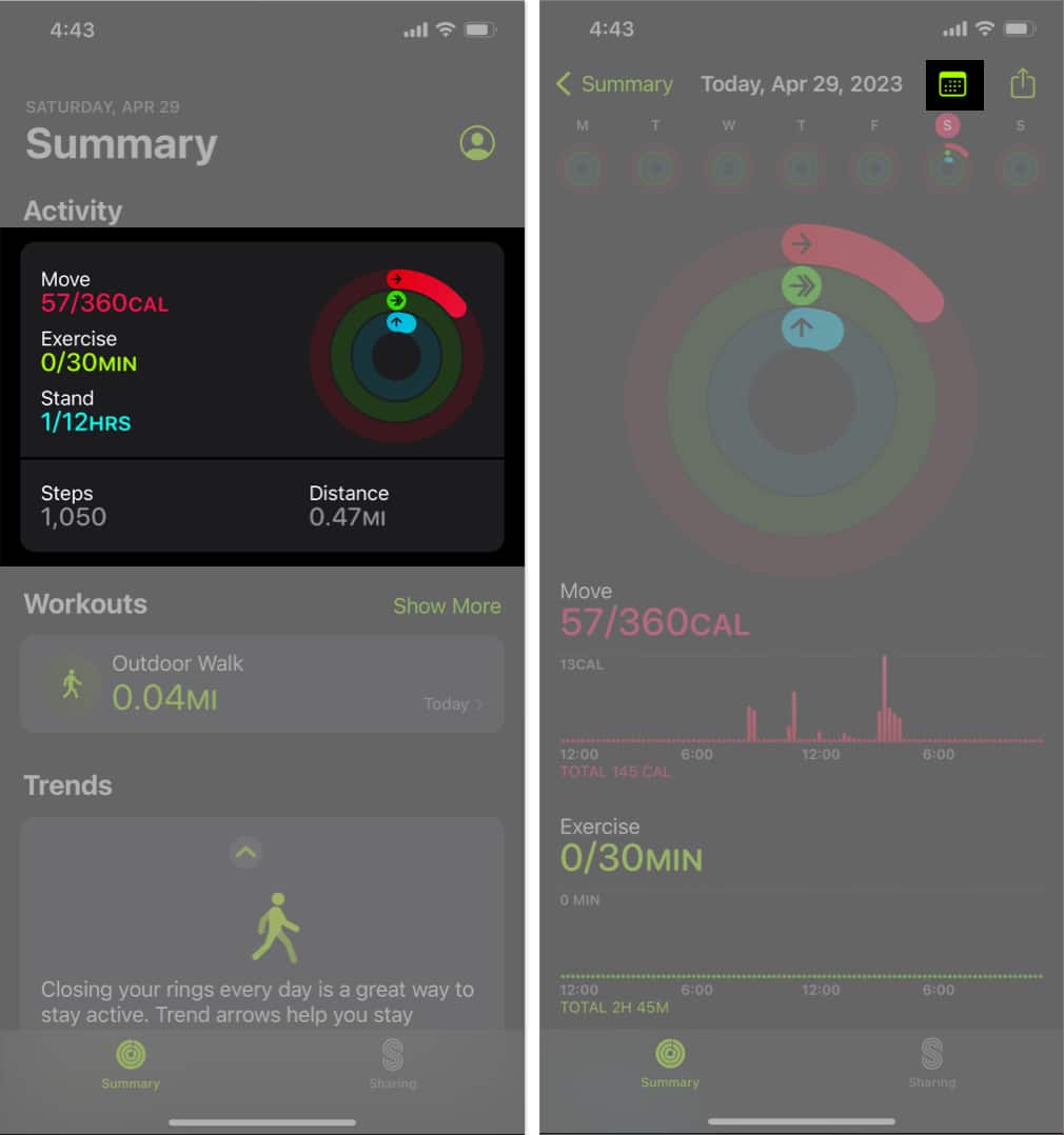 Navigate to Fitness app select Activity history choose Calendar icon