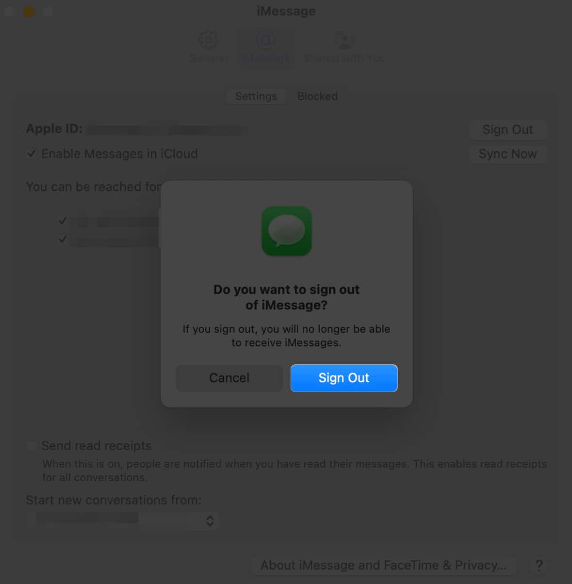 Press Sign out next to your Apple ID