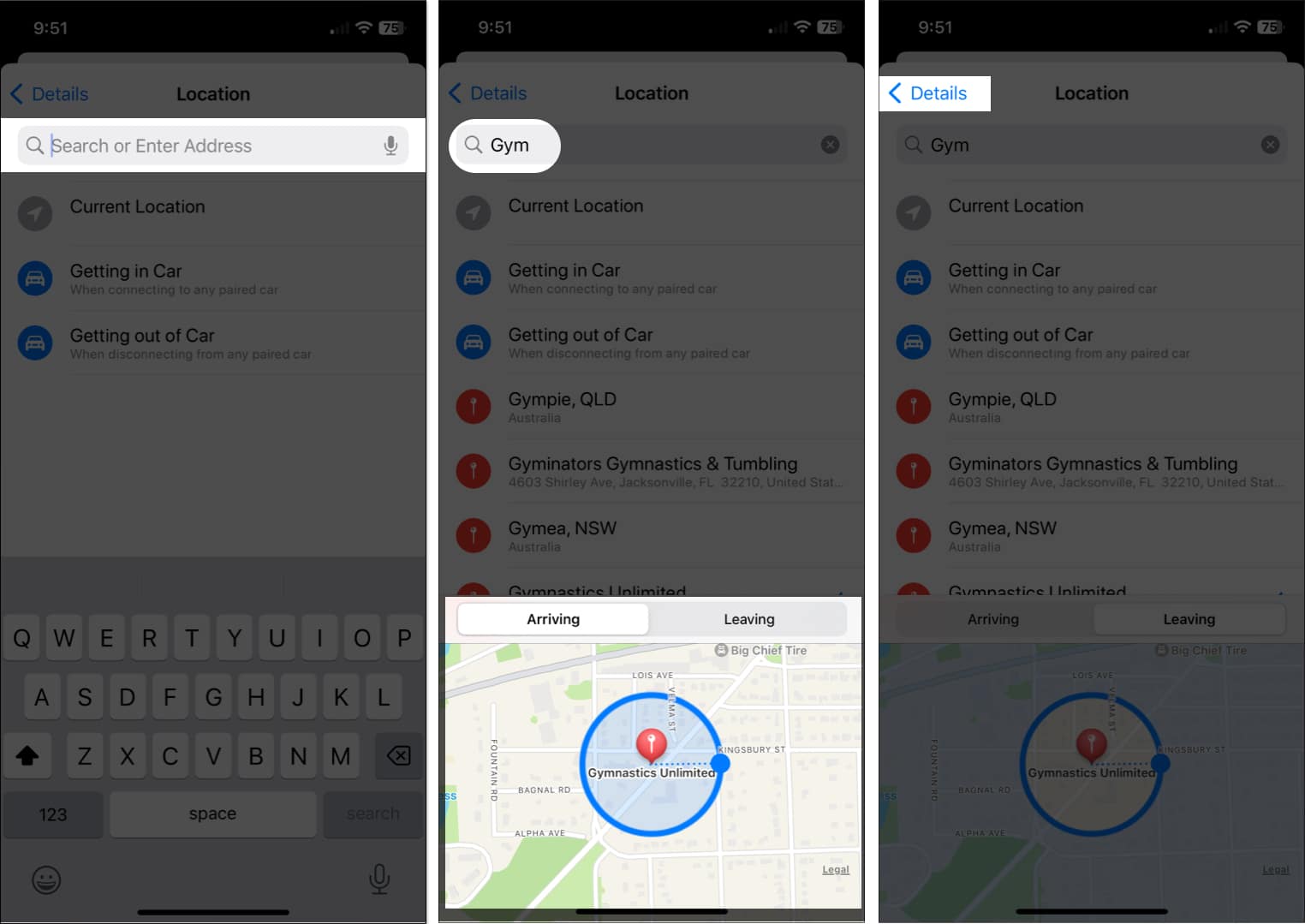 Search Location Select Arriving or Leaving Details in Reminders on iPhone