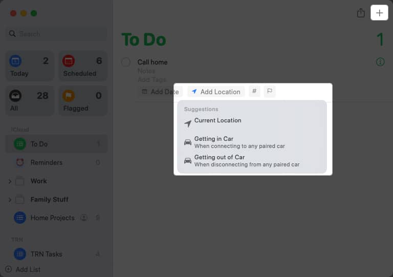 Select Add Location at the bottom of reminder on Mac