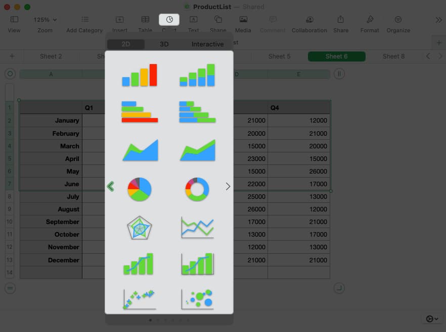 Select charts and choose a theme of your preference in numbers
