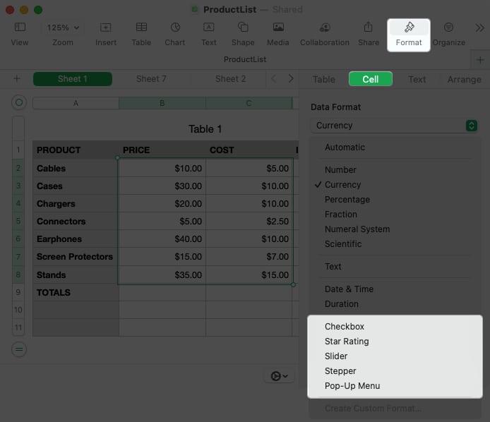 Select format cell and choose a format in numbers