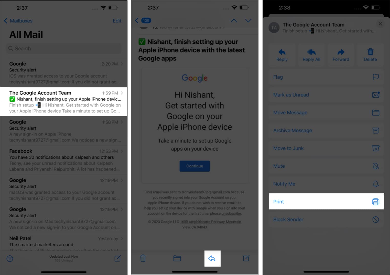 Select the mail tap the reply icon tap print in mail app
