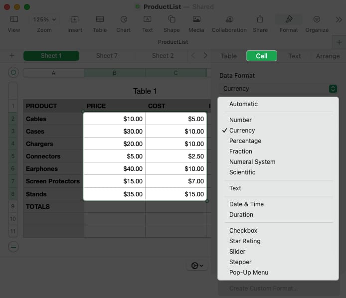 Select the table move to cell folder select a format in numbers