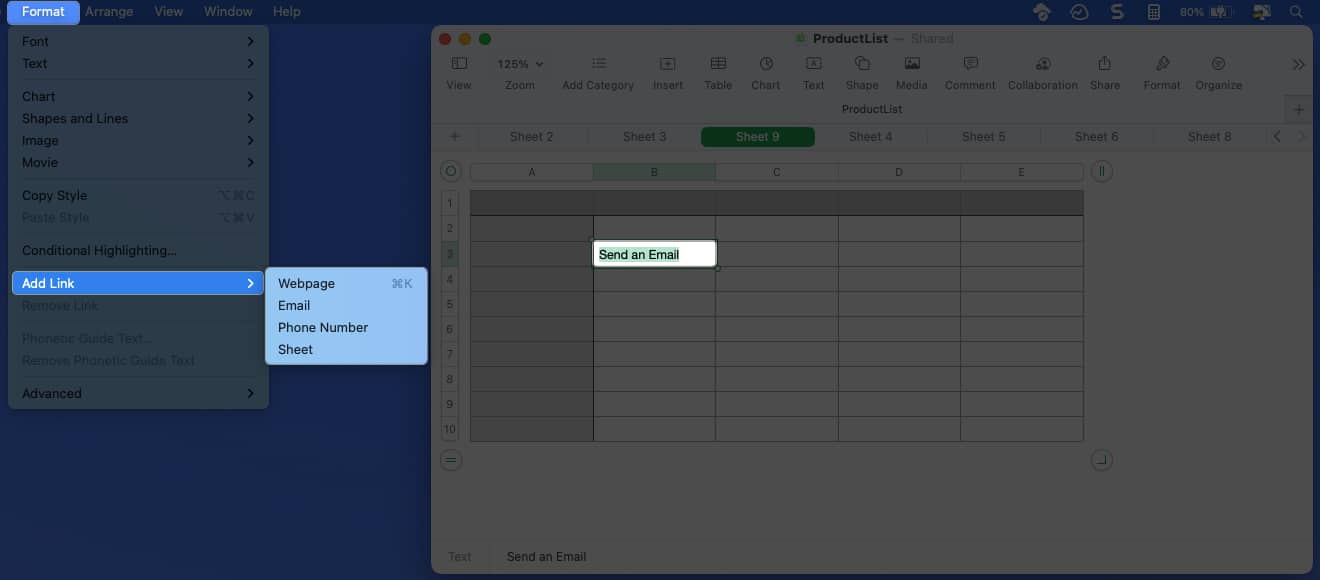 Select the text click format add link and select an option in numbers