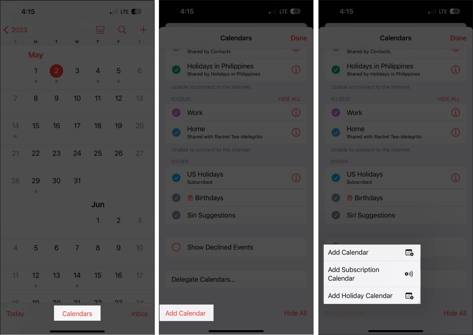 Tap calendars add calendar select a option in calendar app