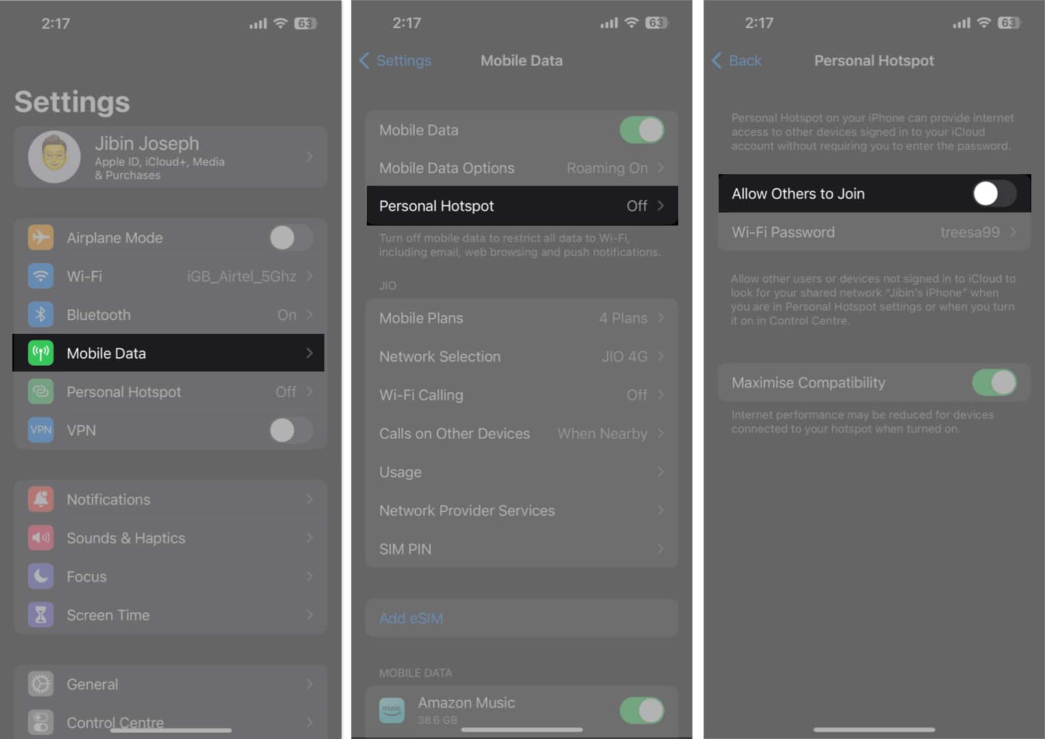 Tap cellular data personal hotspot allow other to join in settings