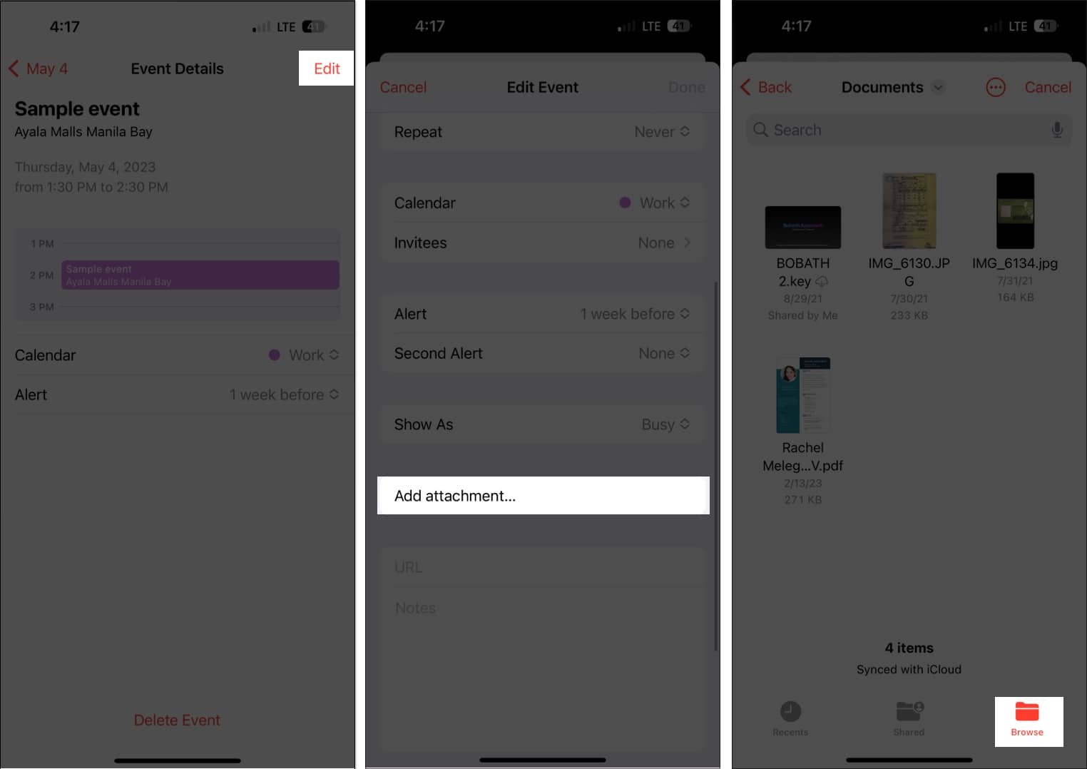 Tap edit add attachment access the file in the calendars app