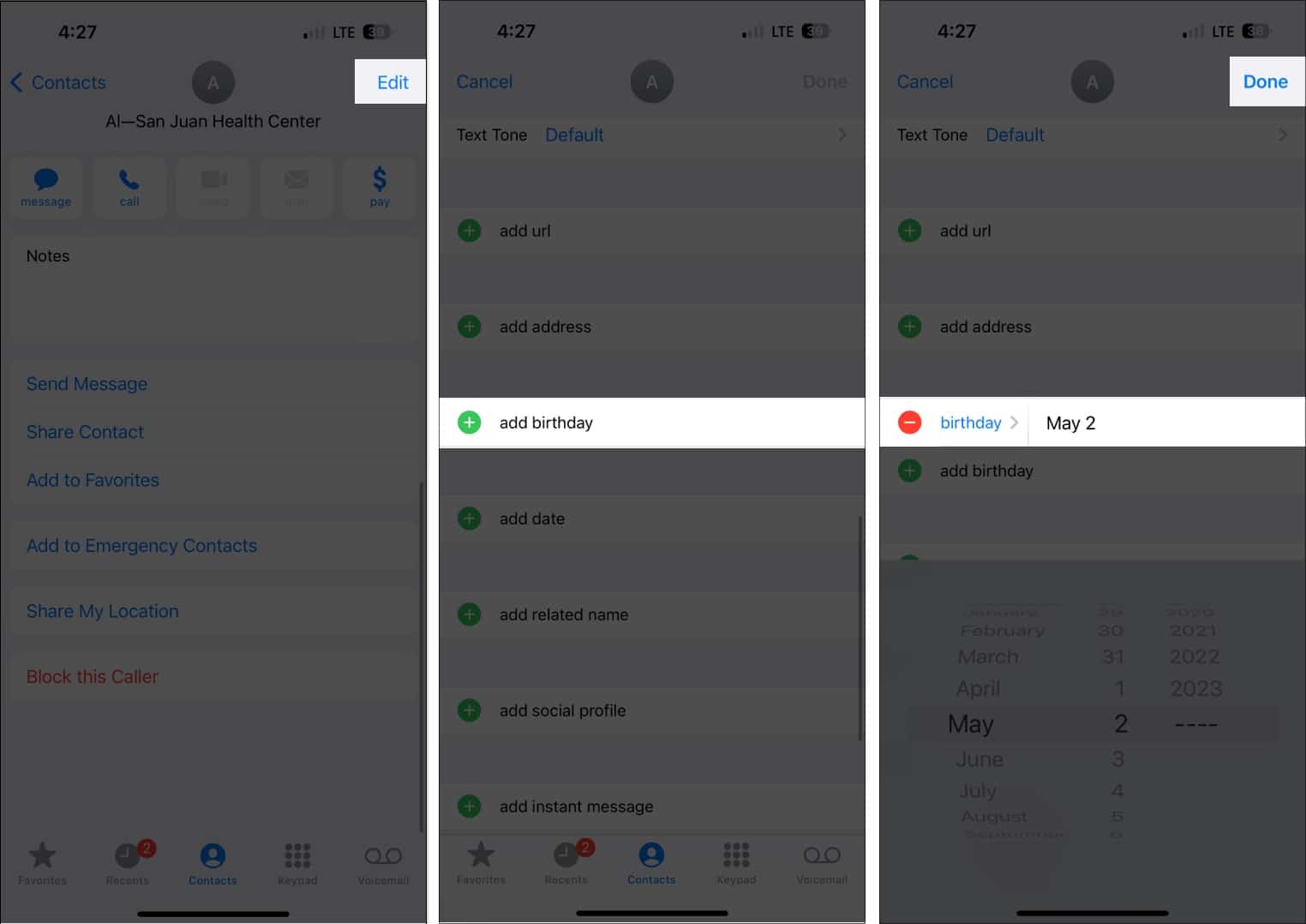 Tap edit in contact select birthday tap tone in contacts app