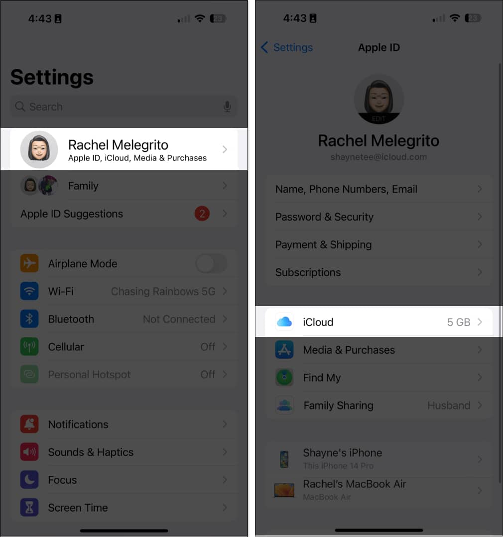 Tap on Profile iCloud on iPhone