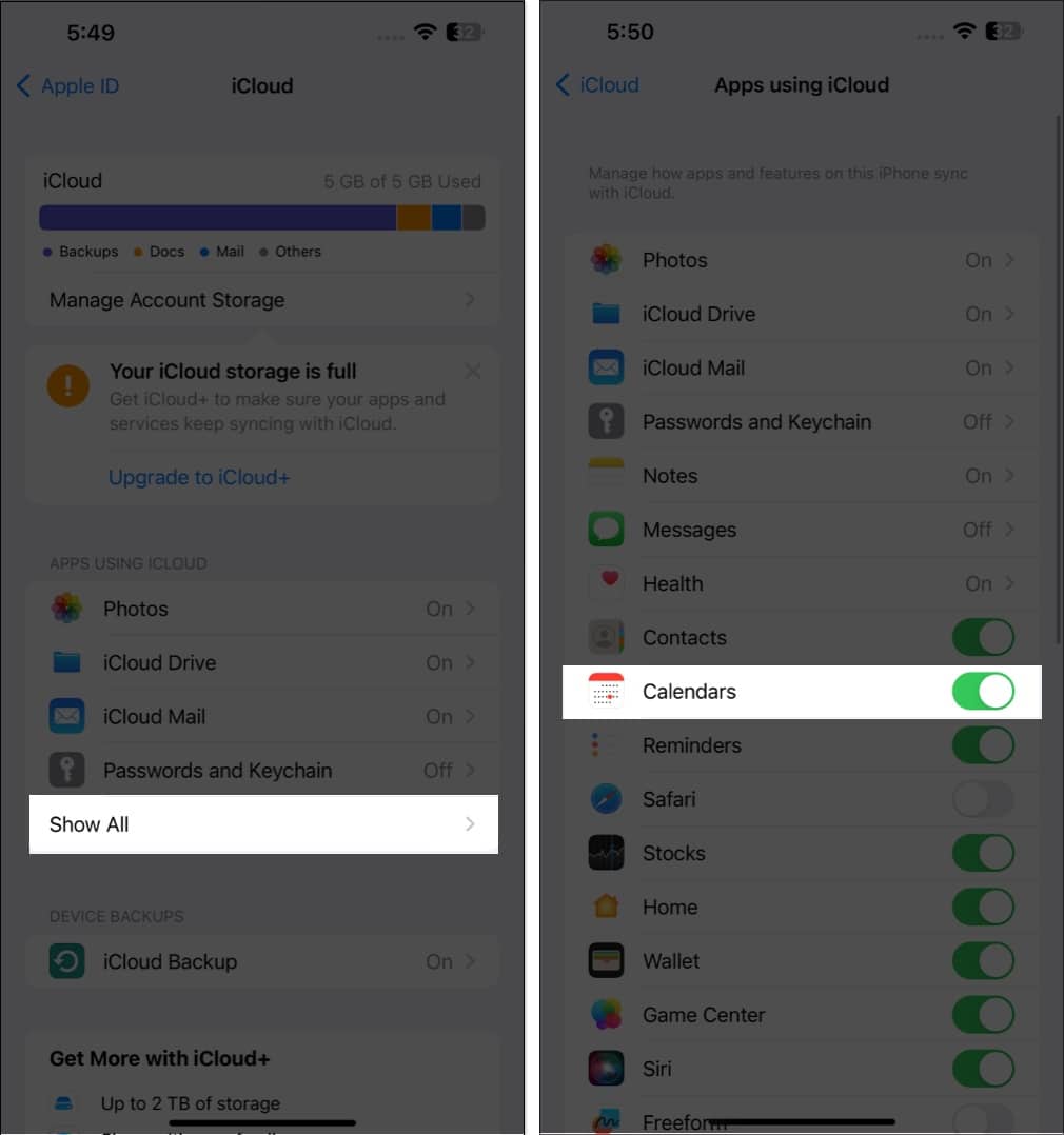Tap show all toggle on calendars in settings