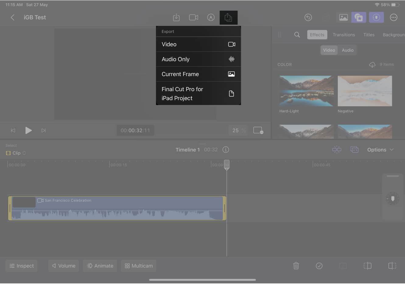 Tap the Share button on the toolbar and choose an Export type